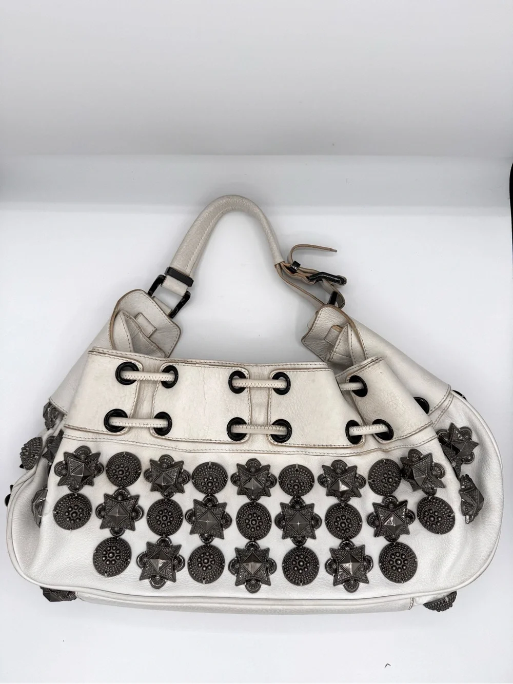 Burberry White Leather Studded Warrior Bag